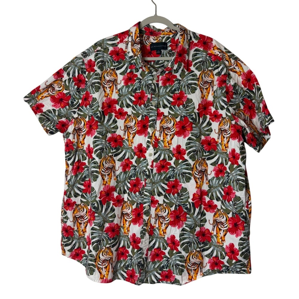 No Boundaries Button Up Tiger Hibiscus Tropical Cotton Shirt Men's 3XL White